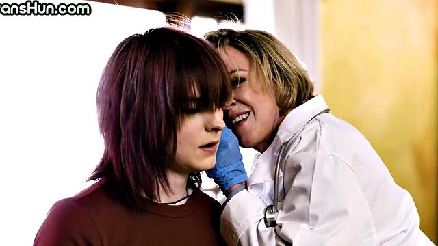 TS fucks mature nurse in 3some with trans babe