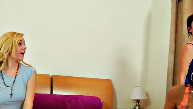 Sexy fem bitches fuck bald dude in the ass with strapon toy