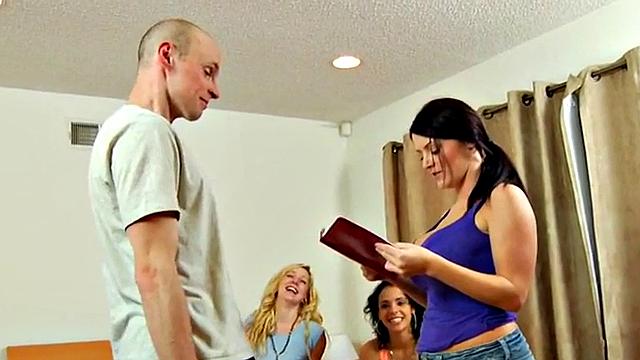 Sexy fem bitches fuck bald dude in the ass with strapon toy