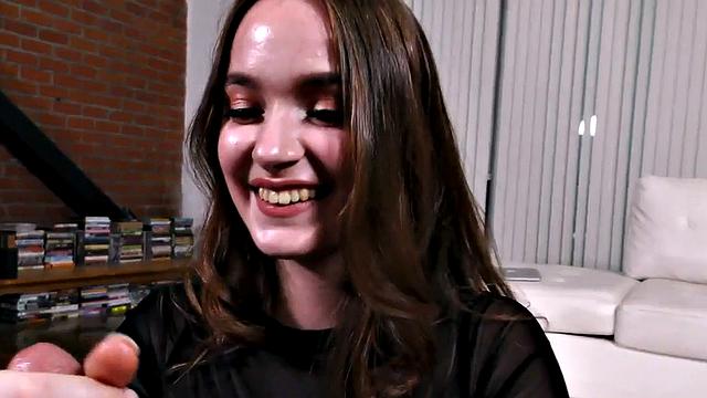 Tugjob POV babe teasing cock with wanking action