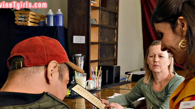 Food fetish TS waitress gets fucked in restaurant