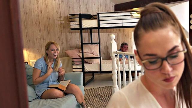 Heavy breasted inked babe fucked in hostel room by roommate