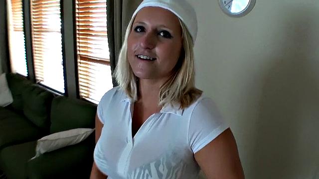 A blonde bombshell take on a hard cock in reverse cowgirl and handjob action