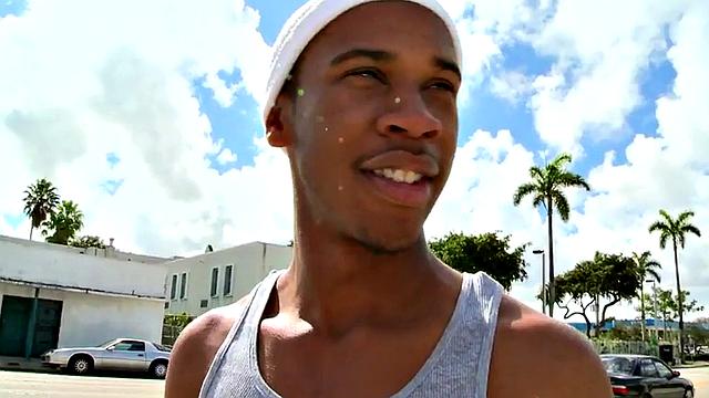 Watch this tattooed white dude take a hard pounding from a hot ebony babe in the great outdoors