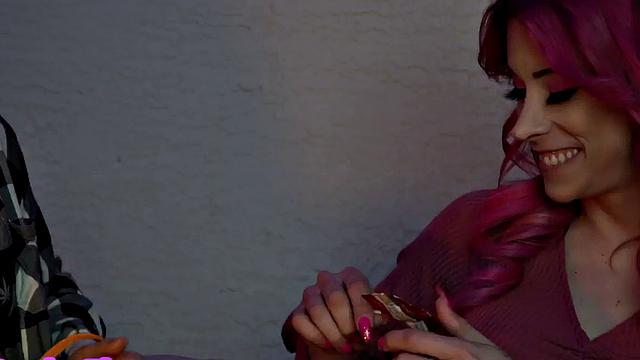 Colored hair TS MILF rims babe in hairy pussy