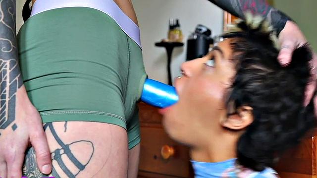 Lesbian amateur inked GFs fuck pussy with strapon