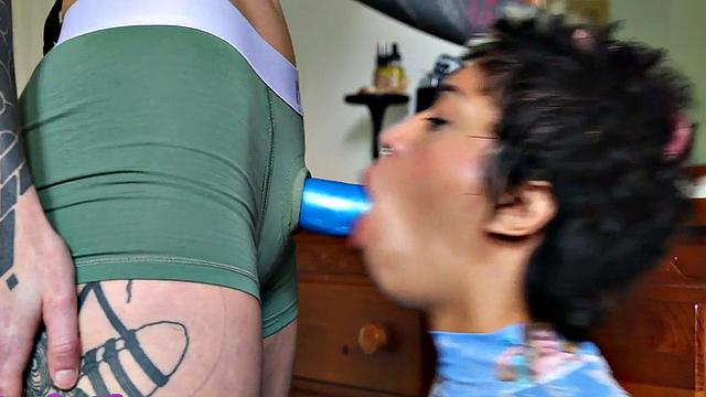 Lesbian amateur inked GFs fuck pussy with strapon