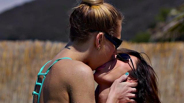 Lesbian babes kiss before oral outdoors in couple