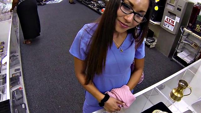 Pawnshop customer enjoys sucking dick b4 getting facialized