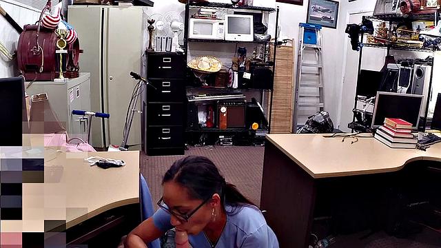 Pawnshop customer enjoys sucking dick b4 getting facialized