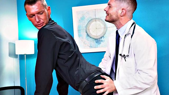 Fisting gay doctor inserts foot in skinny with prolapse