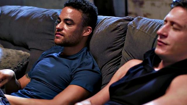 Athletic stud fucks asshole on couch after movie