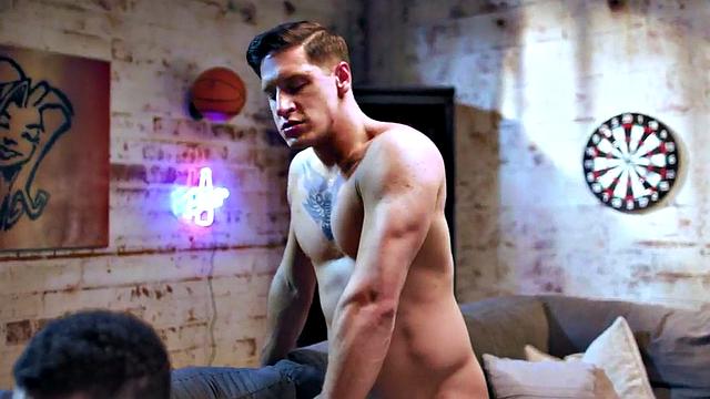 Athletic stud fucks asshole on couch after movie