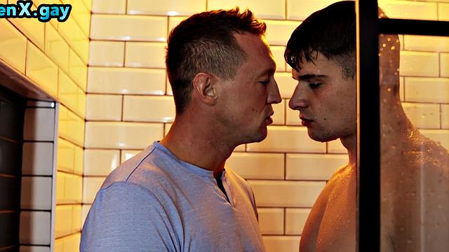 Manly stud fucks greedy gay bottom under shower