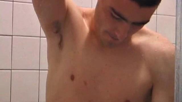 As Dan takes a shower he soaps up his wet naked body and cock, working up a good lather and nice big boner. After edging himself a few times, he's squirting out a monster cum load.