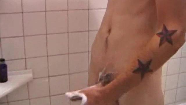 As Dan takes a shower he soaps up his wet naked body and cock, working up a good lather and nice big boner. After edging himself a few times, he's squirting out a monster cum load.