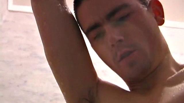 As Dan takes a shower he soaps up his wet naked body and cock, working up a good lather and nice big boner. After edging himself a few times, he's squirting out a monster cum load.