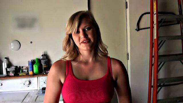 Blonde with big tits gets a garage pounding in POV with a pierced handjob