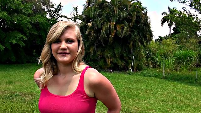 Blonde with big tits gets a garage pounding in POV with a pierced handjob