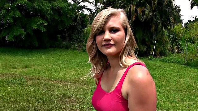 Blonde with big tits gets a garage pounding in POV with a pierced handjob