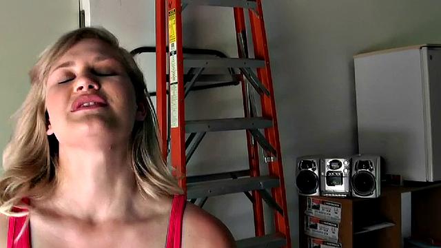 Blonde with big tits gets a garage pounding in POV with a pierced handjob