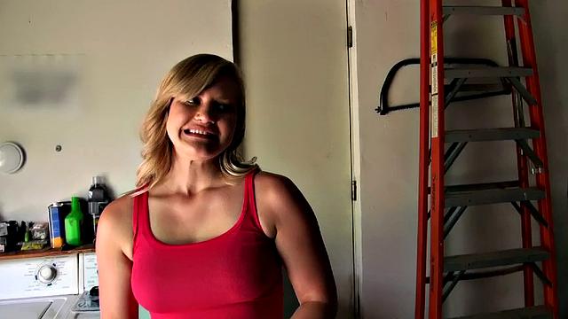 Blonde with big tits gets a garage pounding in POV with a pierced handjob