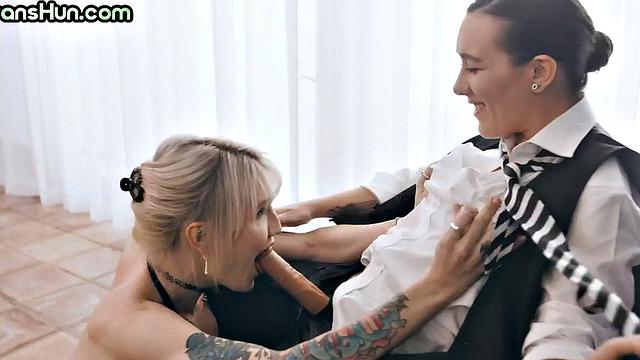 Classy tattooed TS babe fucks guy's pussy after asstoyed