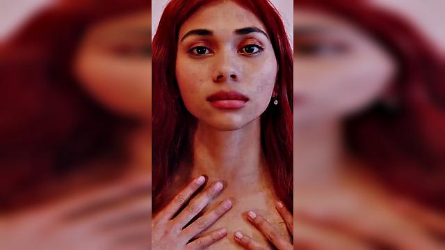 redhead with long hair in pink outfit, seductive