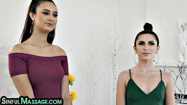 Busty babes masseuse pussyfucked in 3some