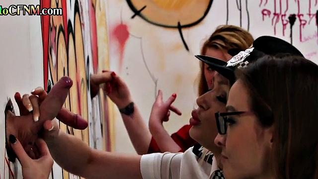 CFNM police give gloryhole handjob till cumshot