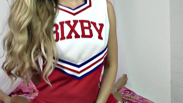 Femdom cheerleader jerks cock in POV after facesitting