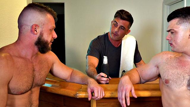 Bearded hunk sucking and jerking in this erotic couple