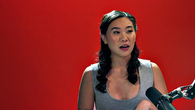 Tiny Asian babe playing with a vibrator after casting