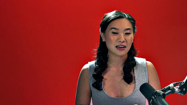 Tiny Asian babe playing with a vibrator after casting