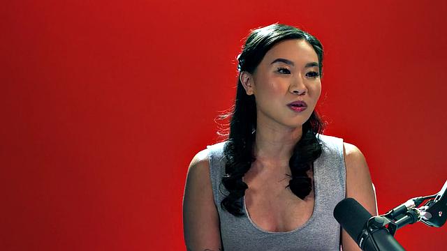 Tiny Asian babe playing with a vibrator after casting