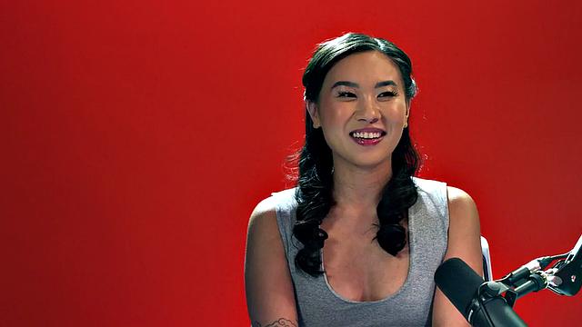 Tiny Asian babe playing with a vibrator after casting