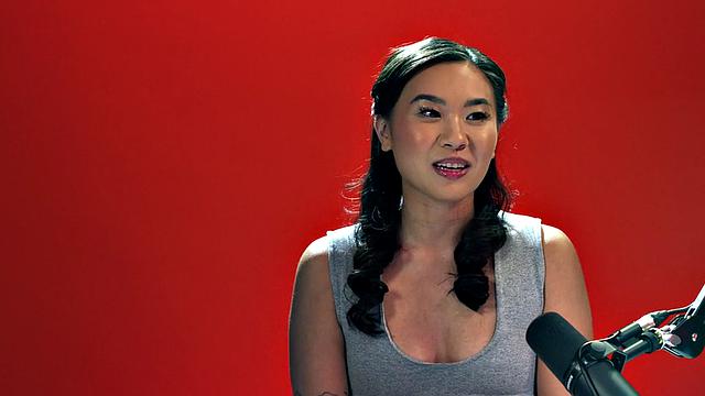 Tiny Asian babe playing with a vibrator after casting