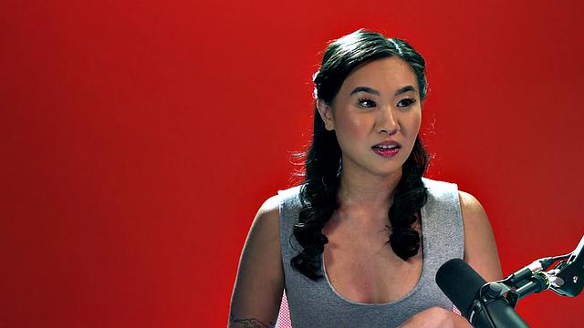 Tiny Asian babe playing with a vibrator after casting