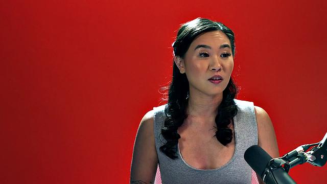 Tiny Asian babe playing with a vibrator after casting