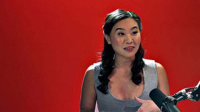 Tiny Asian babe playing with a vibrator after casting