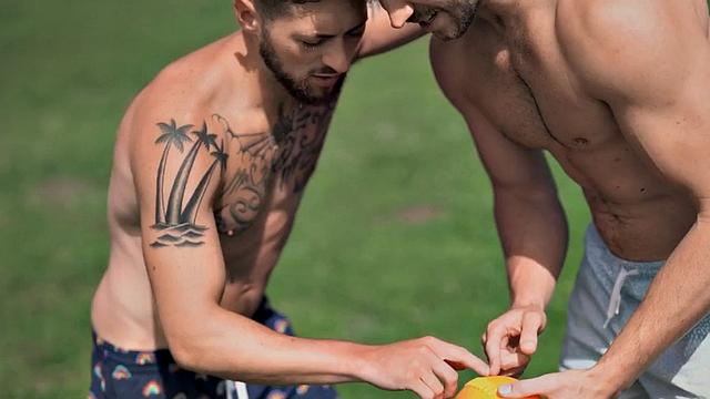 Tattooed jock bareback fucked by BF till facial