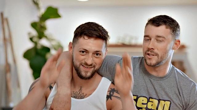 Tattooed jock bareback fucked by BF till facial