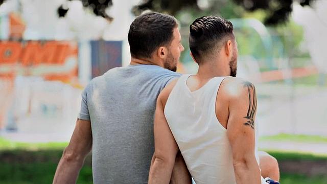 Tattooed jock bareback fucked by BF till facial