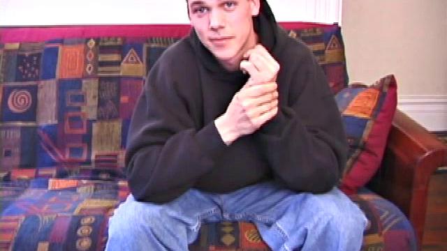 Matthew Mtters rubs his dick through his jeans to get a boner. He takes off his hoodie and jeans, revealing a nice cock. Sprawled out on the sofa, he takes full advantage of his naked body.