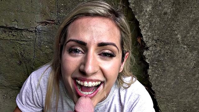 Blonde Brazilian amateur with big tits takes a hard outdoor pounding & takes a facial
