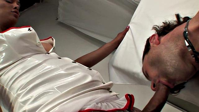 Latina nurse in nurse's outfit sucks before getting pounded in doggystyle bareback
