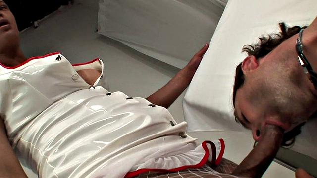 Latina nurse in nurse's outfit sucks before getting pounded in doggystyle bareback