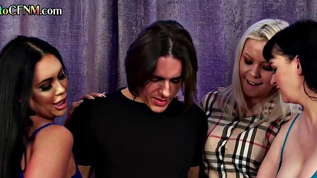 CFNM babes deepthroating and wanking lucky guy at party