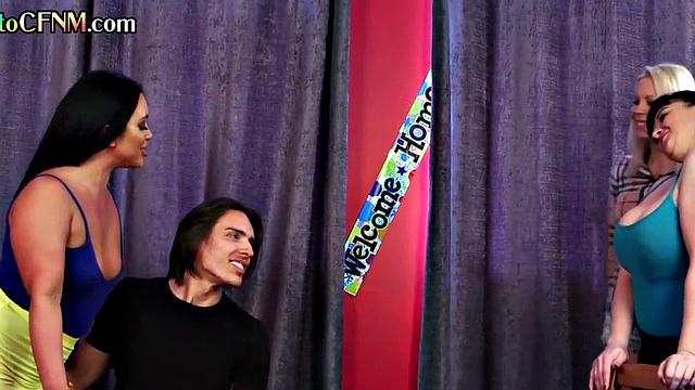 CFNM babes deepthroating and wanking lucky guy at party