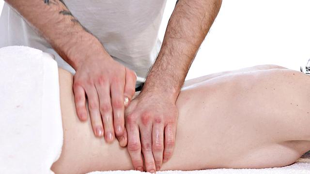 Nerdy girl gets petite pussy fingered & fucked on massage table